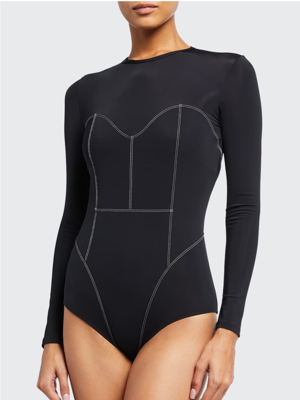 Mara Hoffman Black Long-Sleeve Bodysuit with White Contrast Stitching